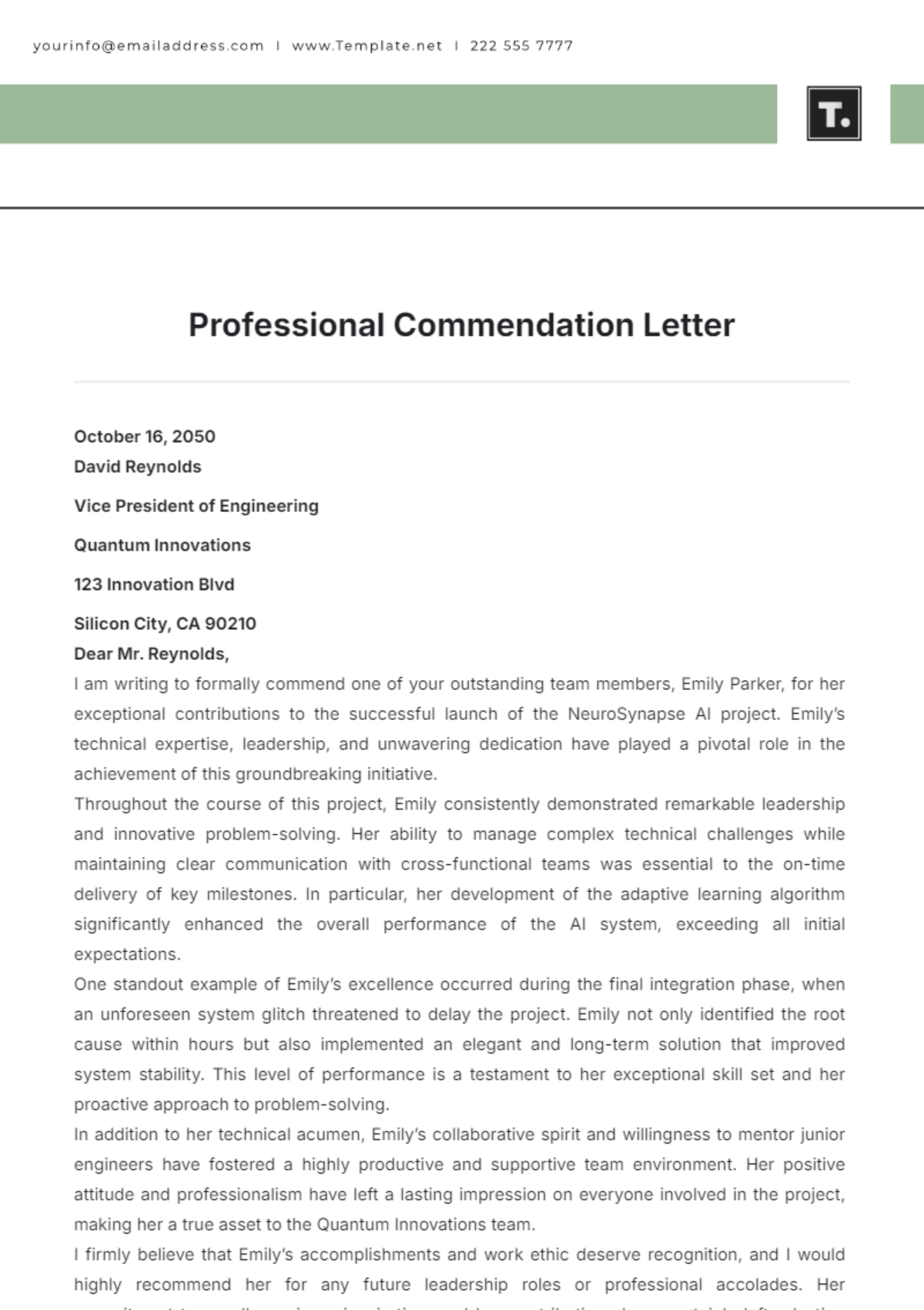 Professional Commendation Letter Template