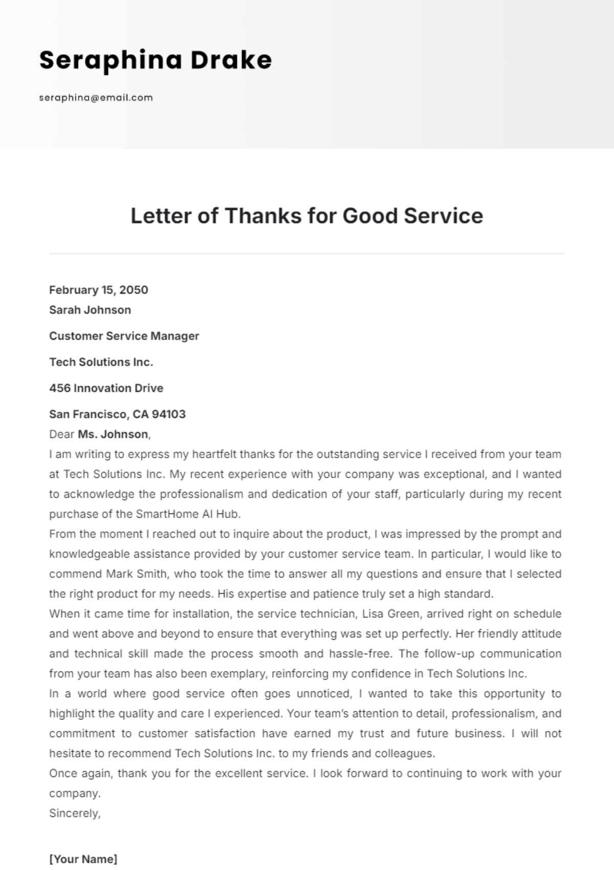 Letter of Thanks for Good Service Template