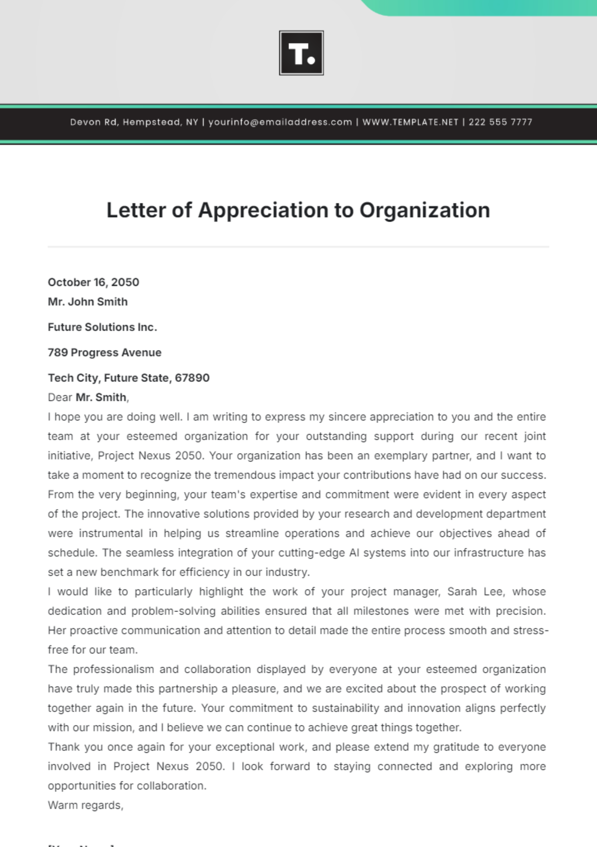 Letter of Appreciation to Organization Template