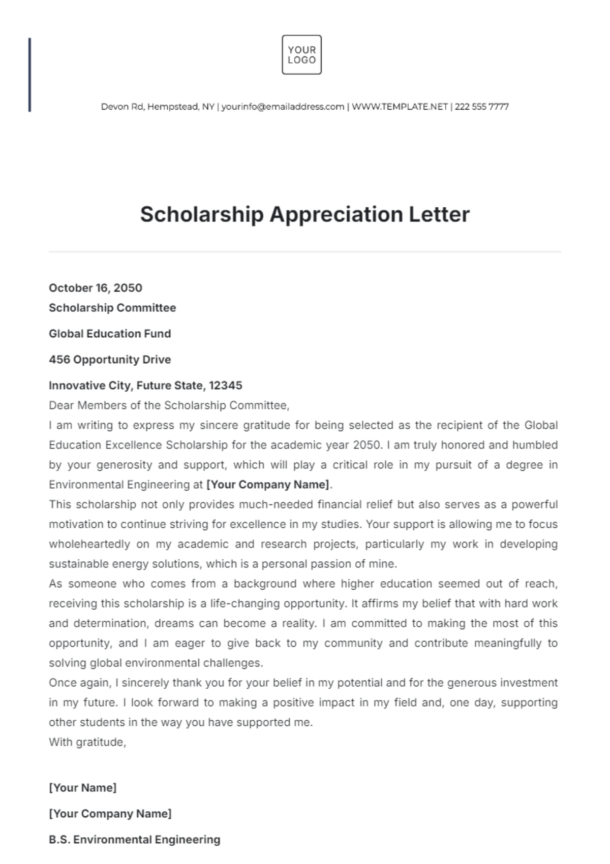 Scholarship Appreciation Letter Template