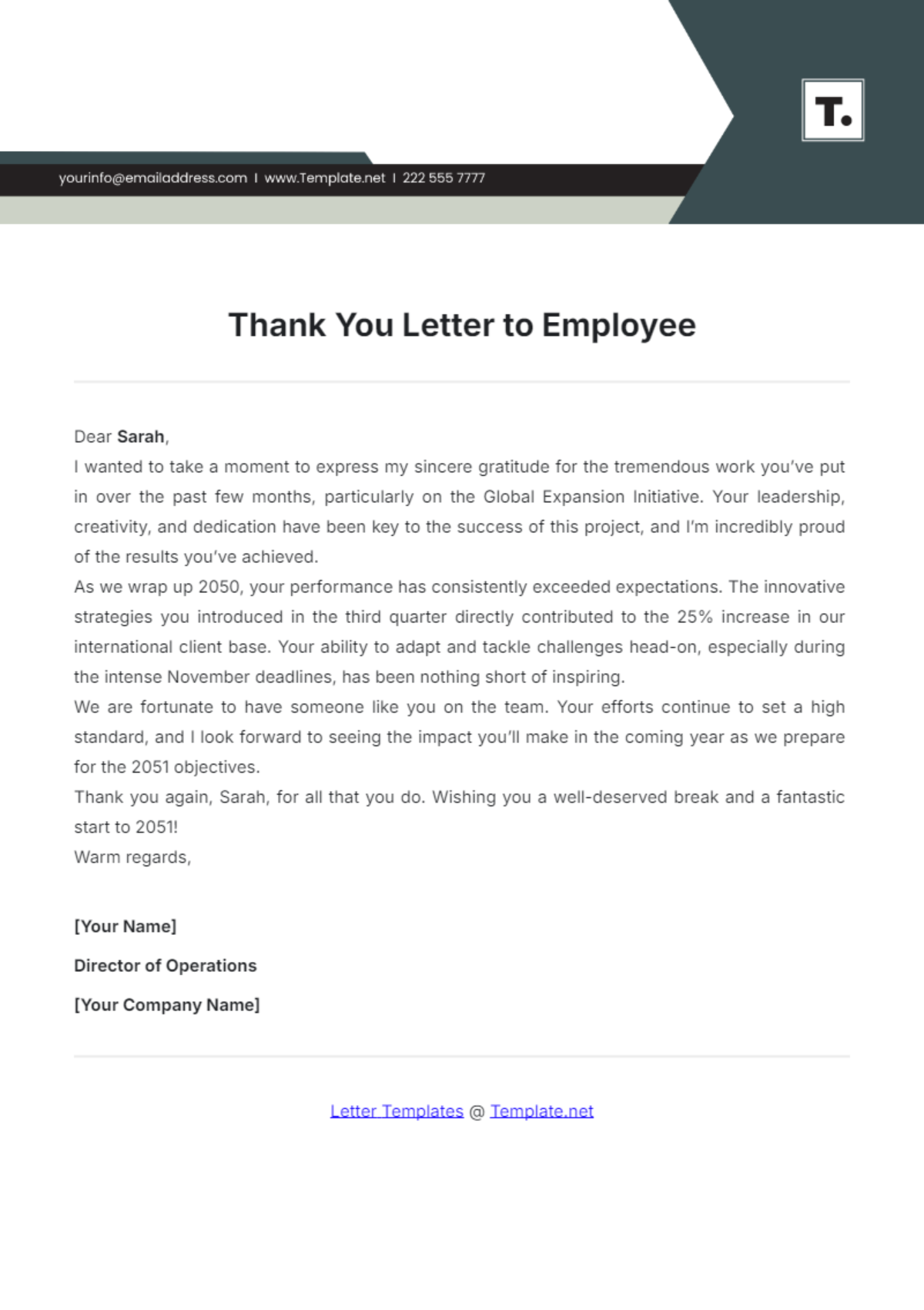 Thank You Letter to Employee Template - Edit Online & Download