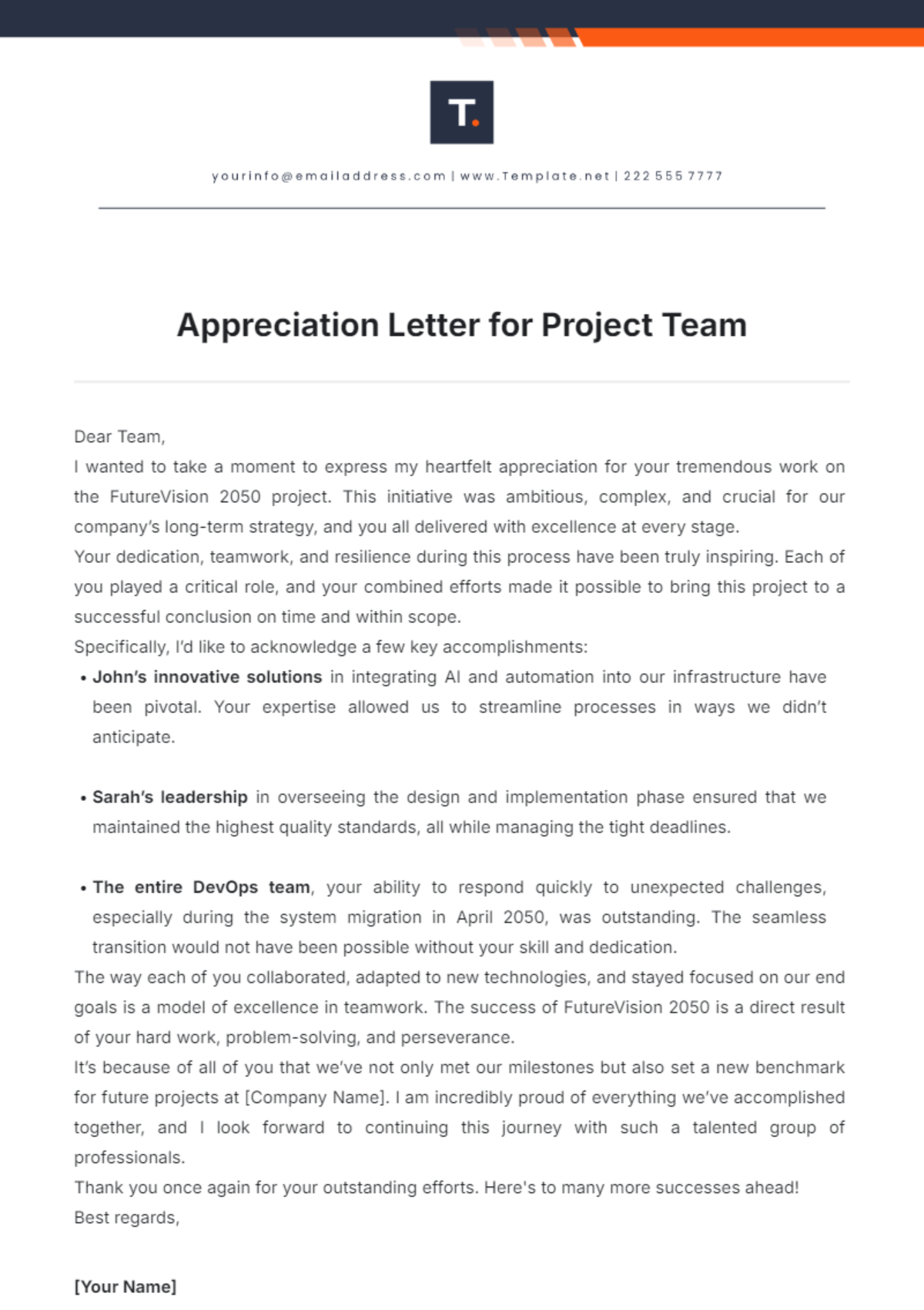 Appreciation Letter for Project Team Template - Edit Online & Download