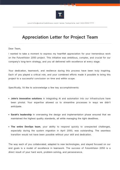 Free Appreciation Letter for Project Team Template to Edit Online