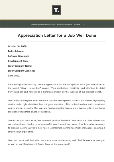Free Appreciation Letter for a Job Well Done Template to Edit Online