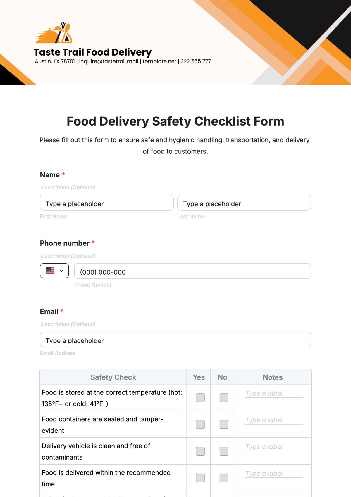 Food Delivery Safety Checklist Form Template - Edit Online & Download