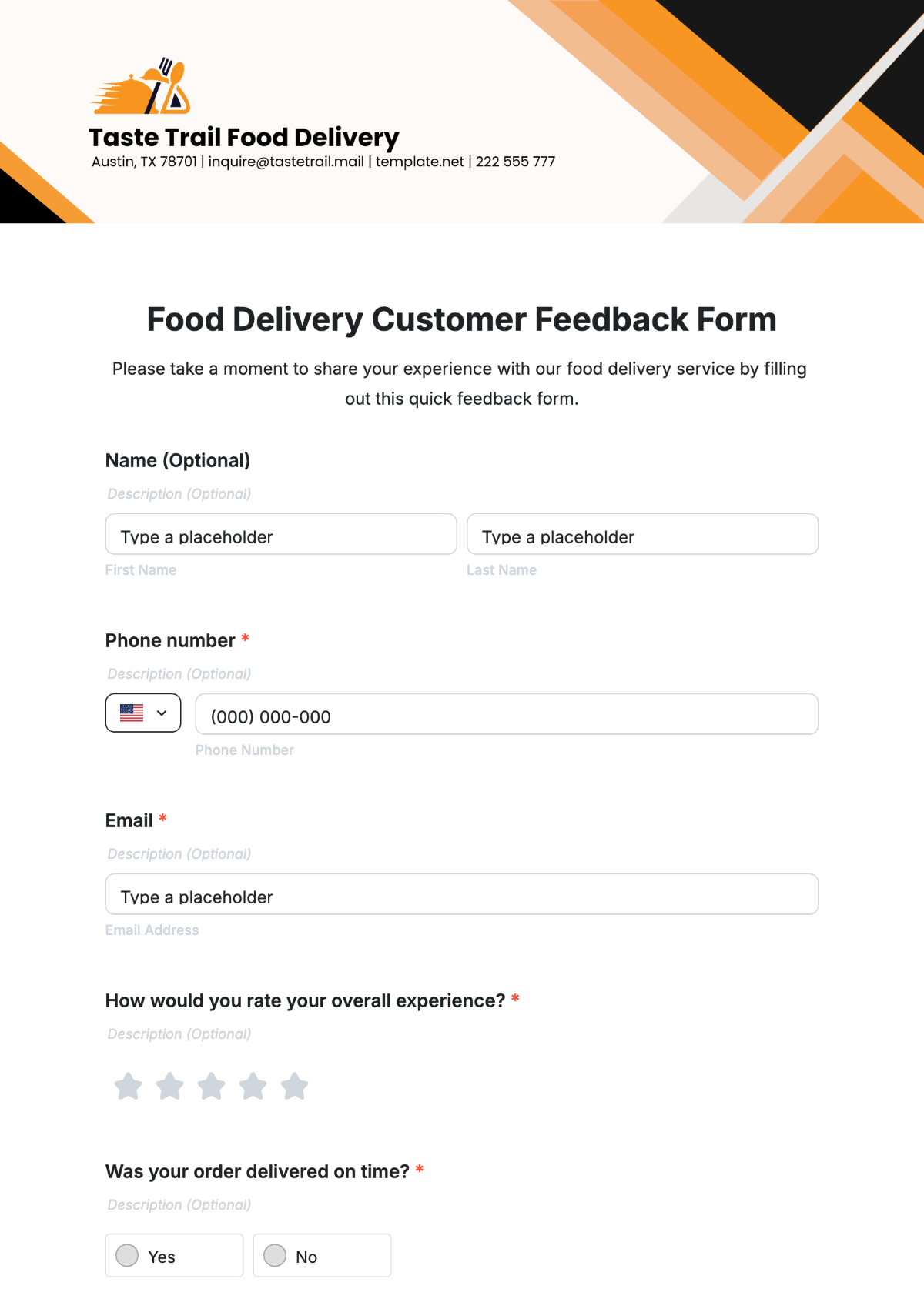 Food Delivery Customer Feedback Form Template - Edit Online & Download