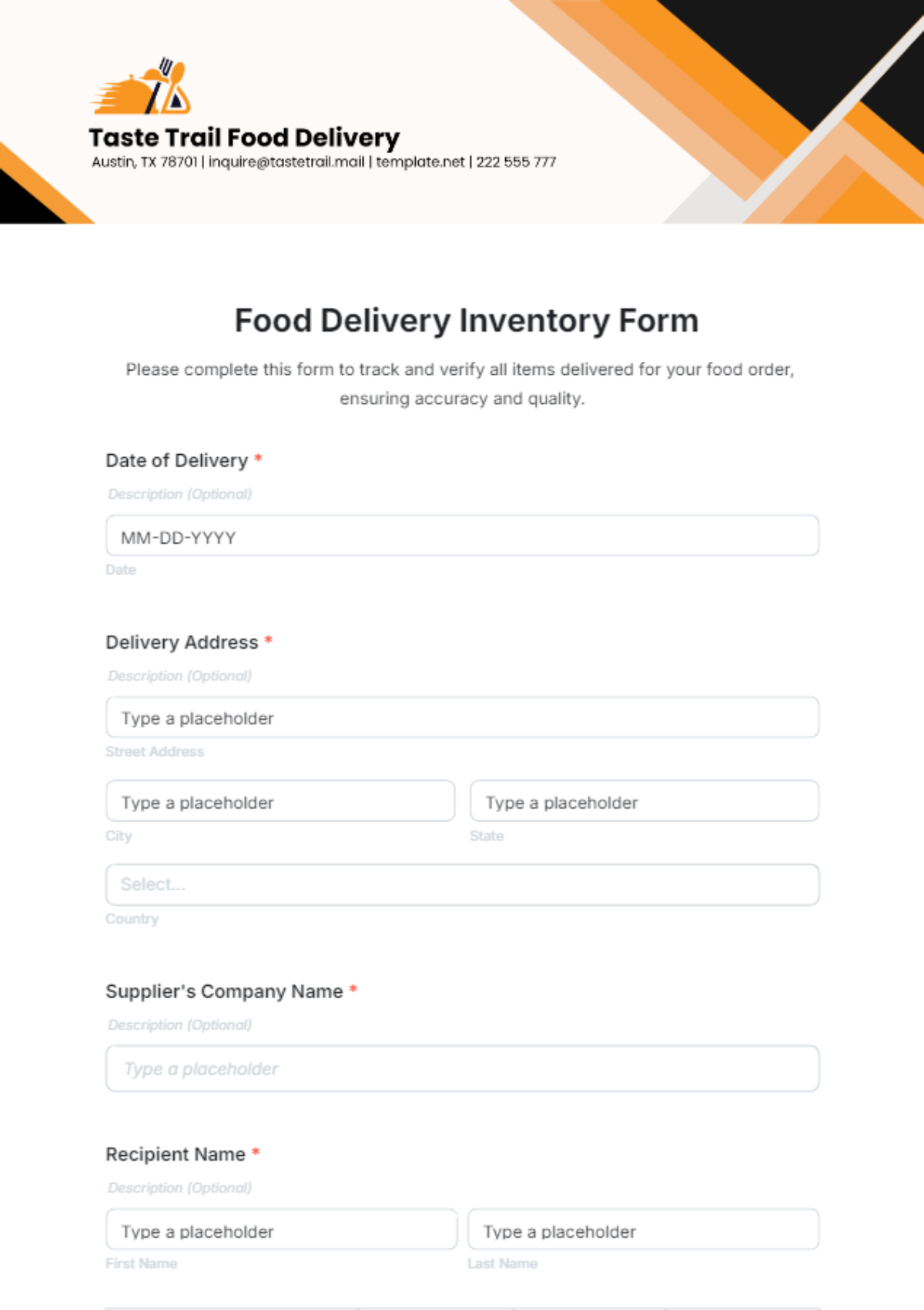 Food Delivery Inventory Form Template - Edit Online & Download