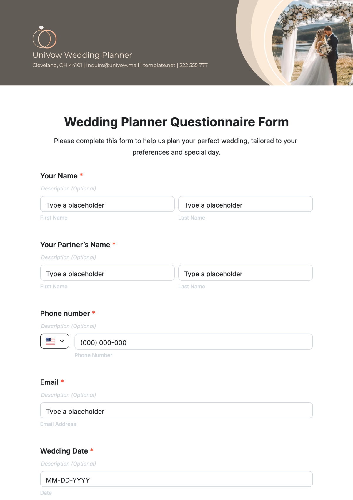 Wedding Planner Questionnaire Form Template - Edit Online & Download