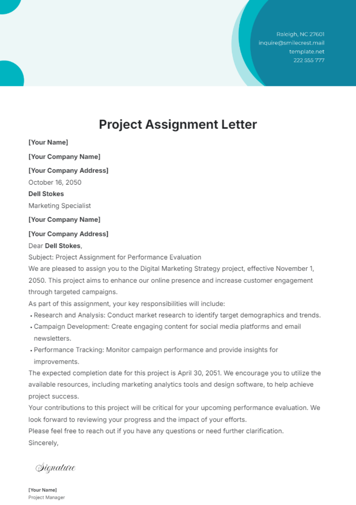 Project Assignment Letter Template - Edit Online & Download