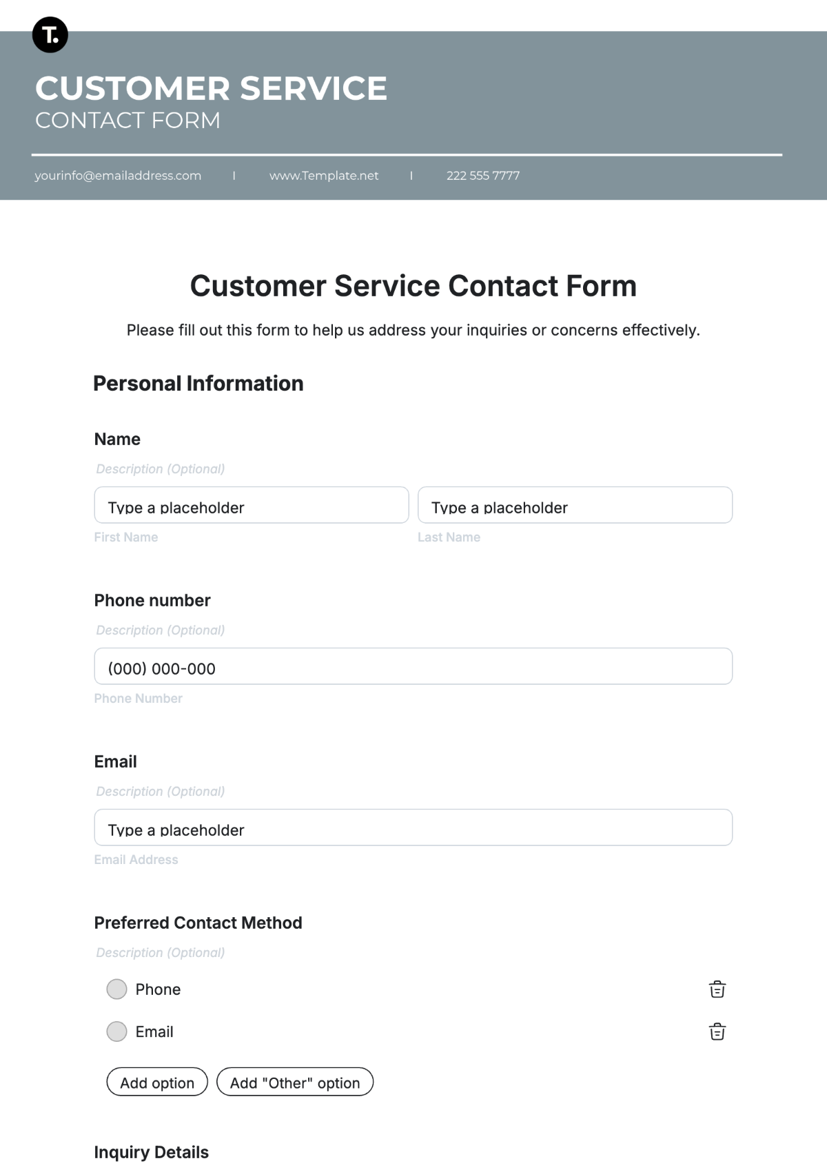 Customer Service Contact Form Template - Edit Online & Download