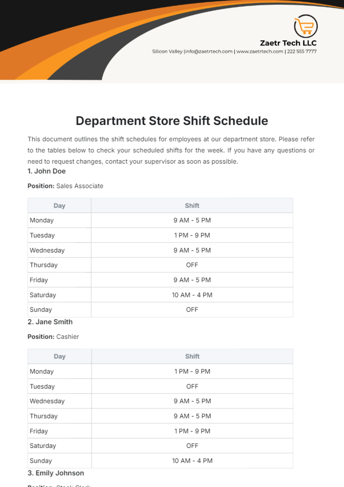 Department Store Shift Schedule Template