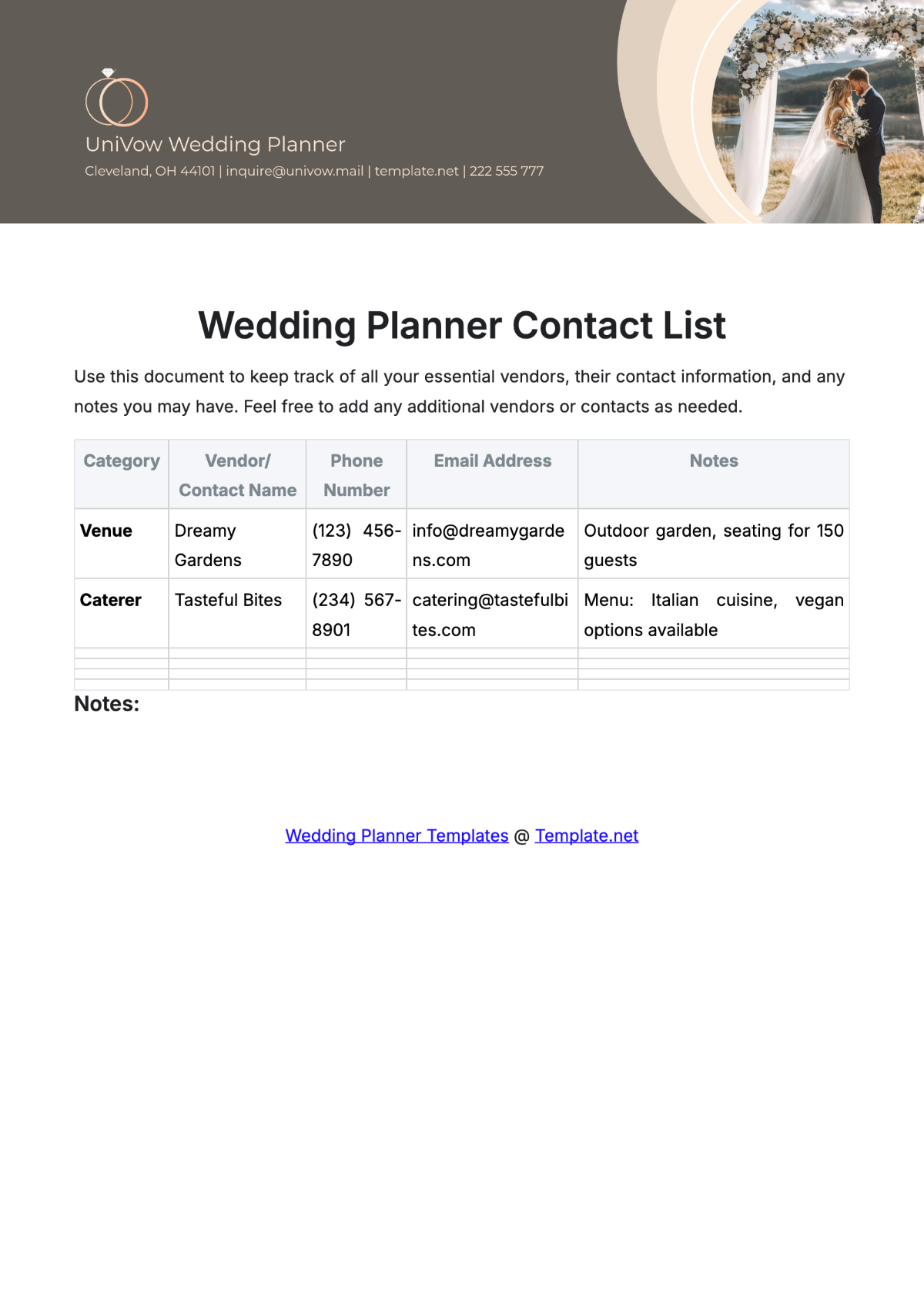 Wedding Planner Contact List Template - Edit Online & Download