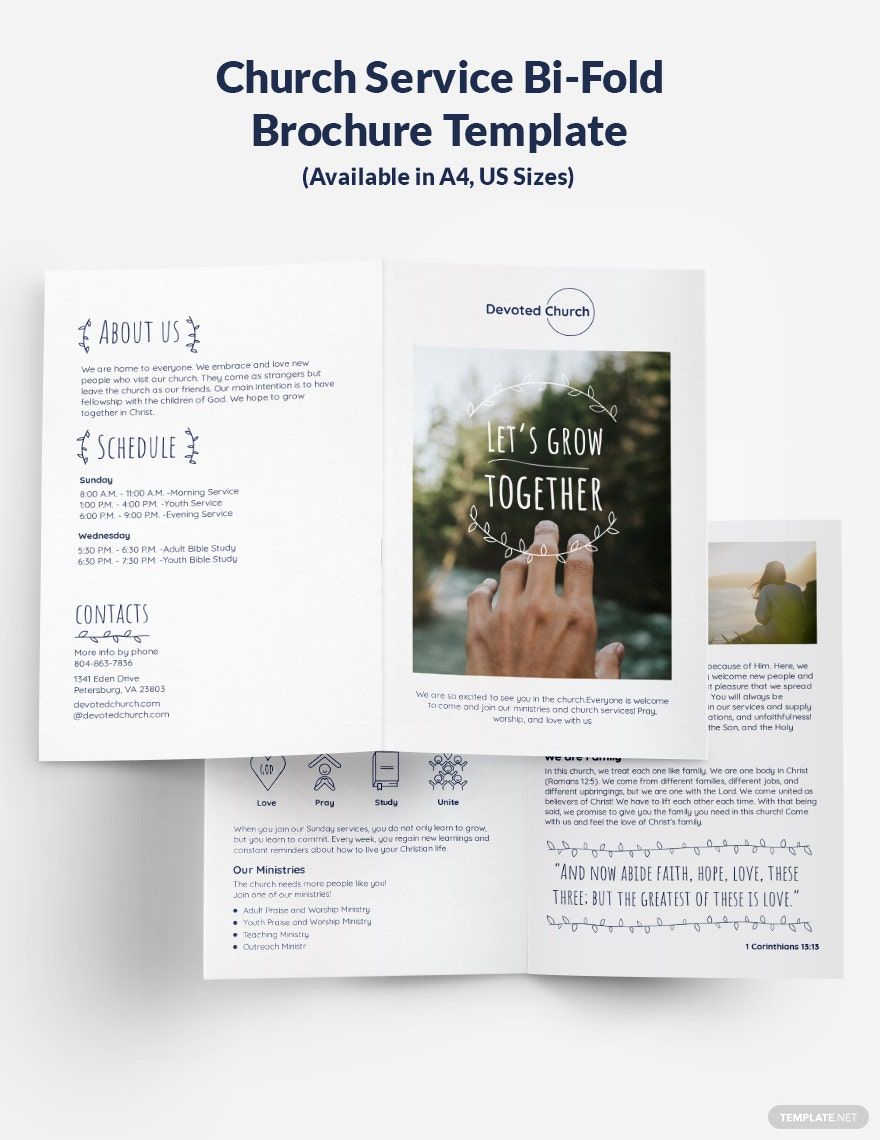 Church Service Bi-Fold Brochure Template in Word, Google Docs, Illustrator, PSD, Apple Pages, Publisher, InDesign
