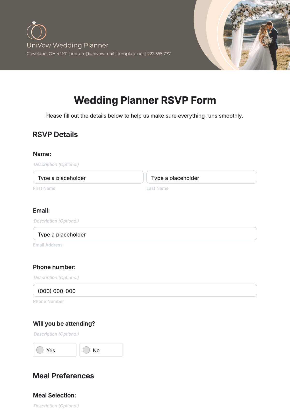 Wedding Planner RSVP Form Template - Edit Online & Download