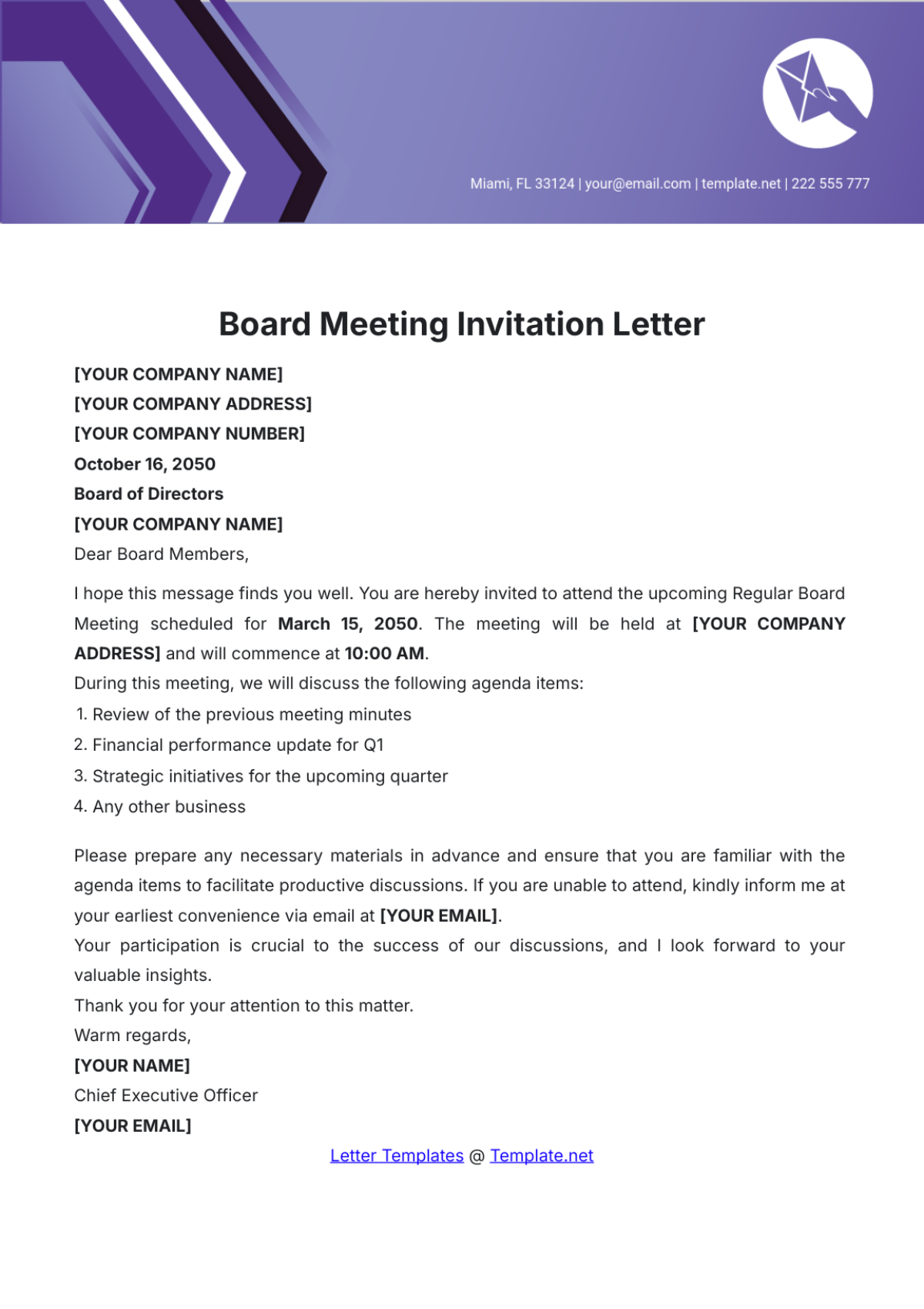 Board Meeting Invitation Letter Template - Edit Online & Download