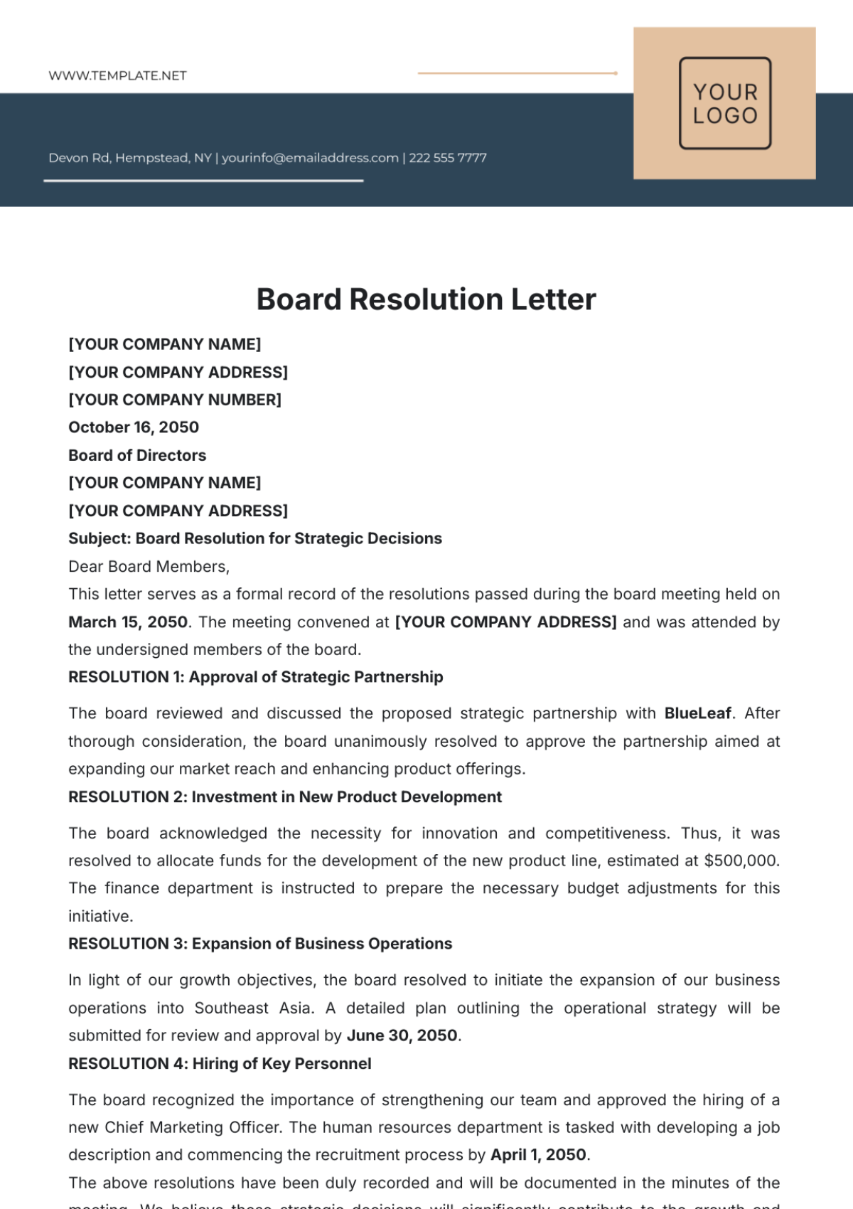 Board Resolution Letter Template