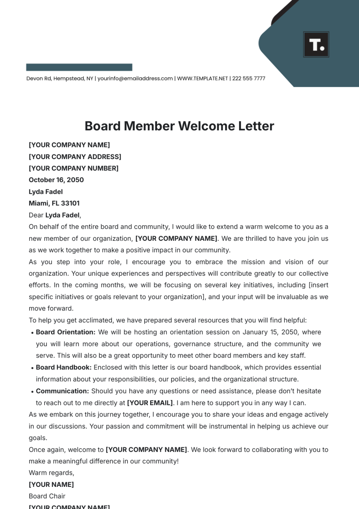 Board Member Welcome Letter Template