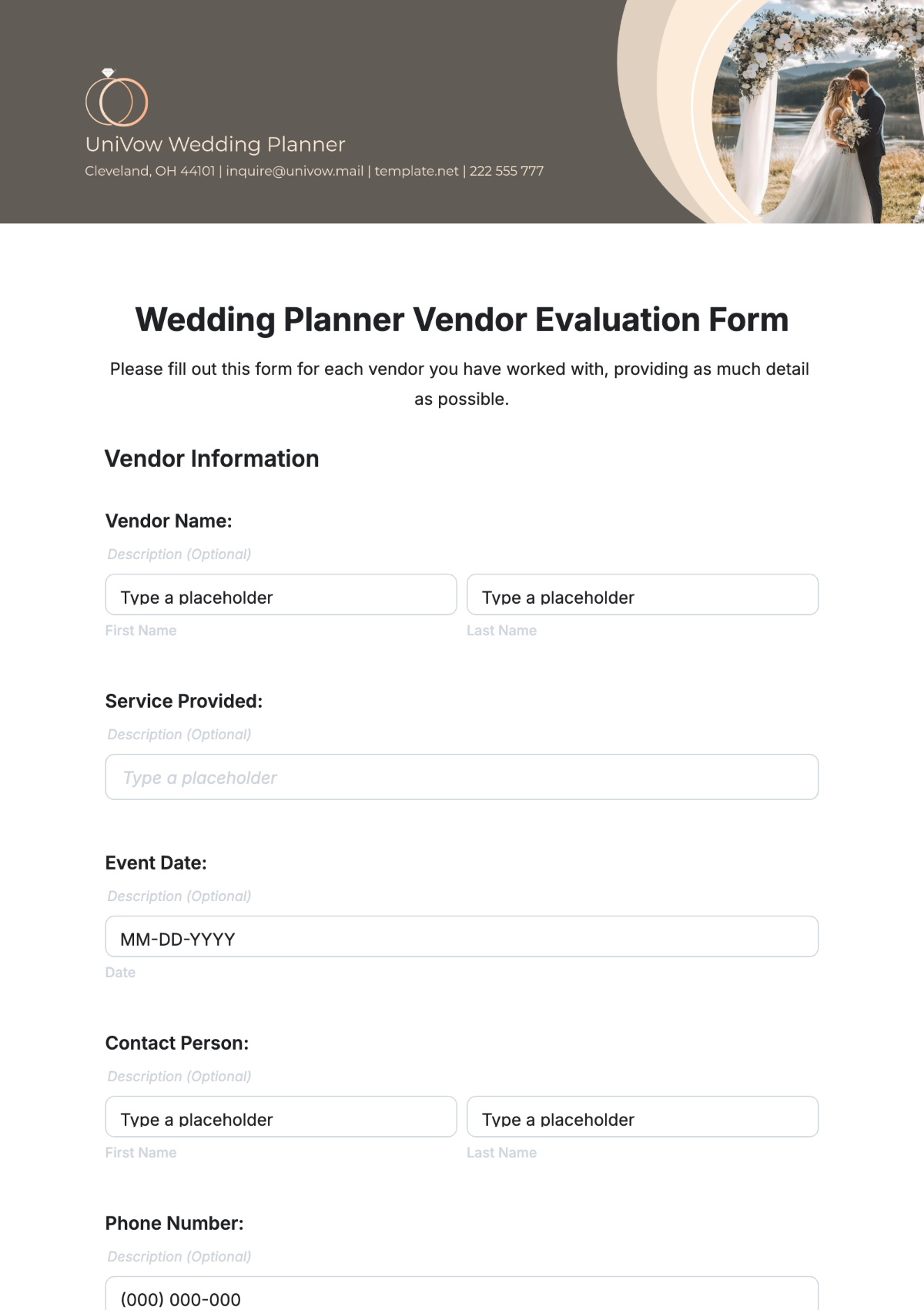 Wedding Planner Vendor Evaluation Form Template - Edit Online & Download