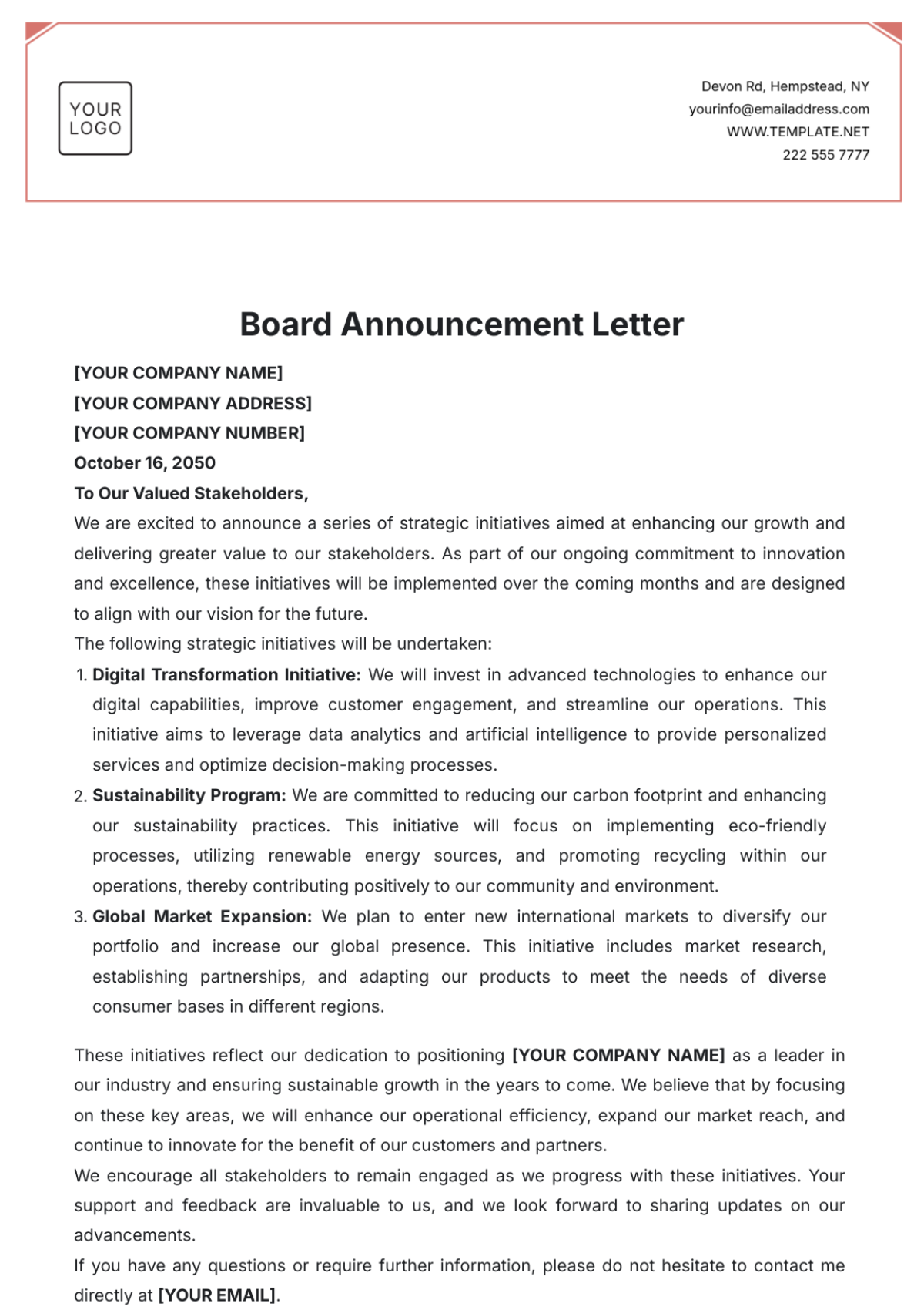 Board Announcement Letter Template