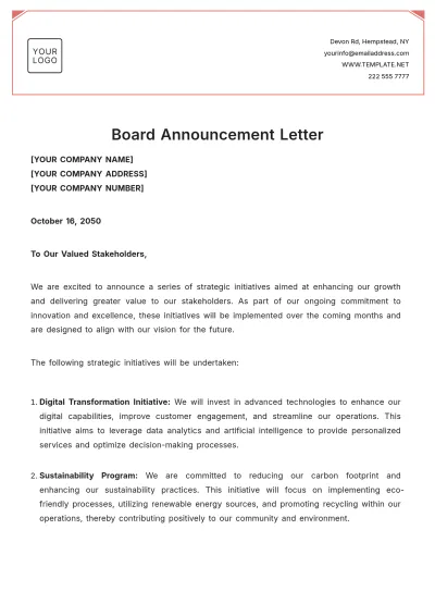 Free Board Announcement Letter Template to Edit Online
