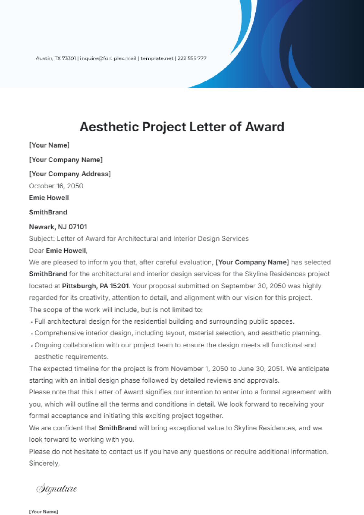 Aesthetic Project Letter of Award Template - Edit Online & Download