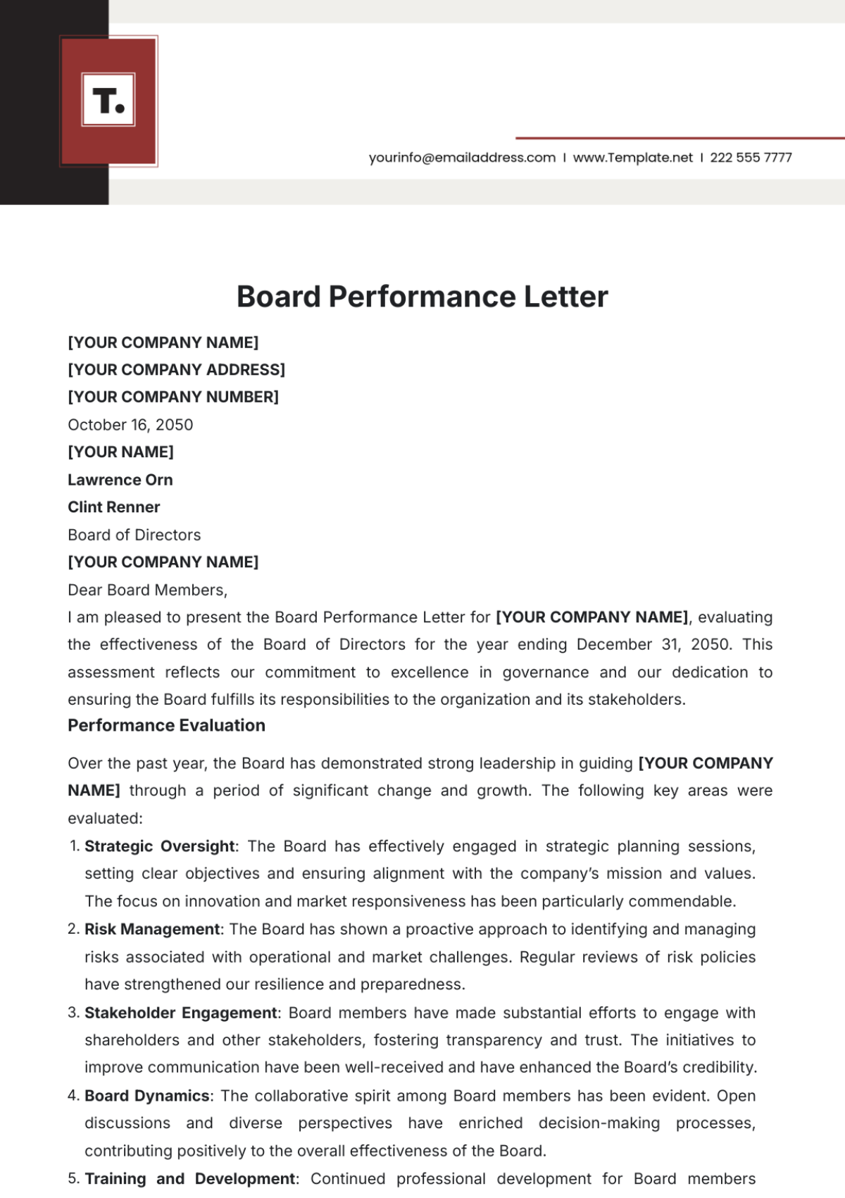 Board Performance Letter Template - Edit Online & Download