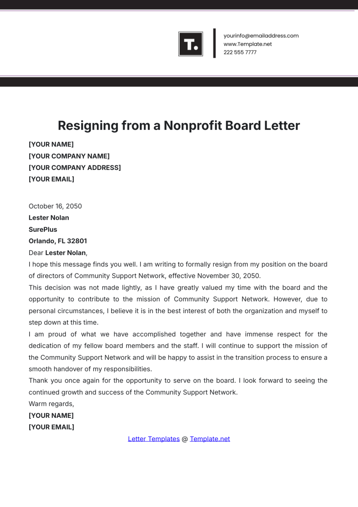 Resigning from a Nonprofit Board Letter Template - Edit Online & Download