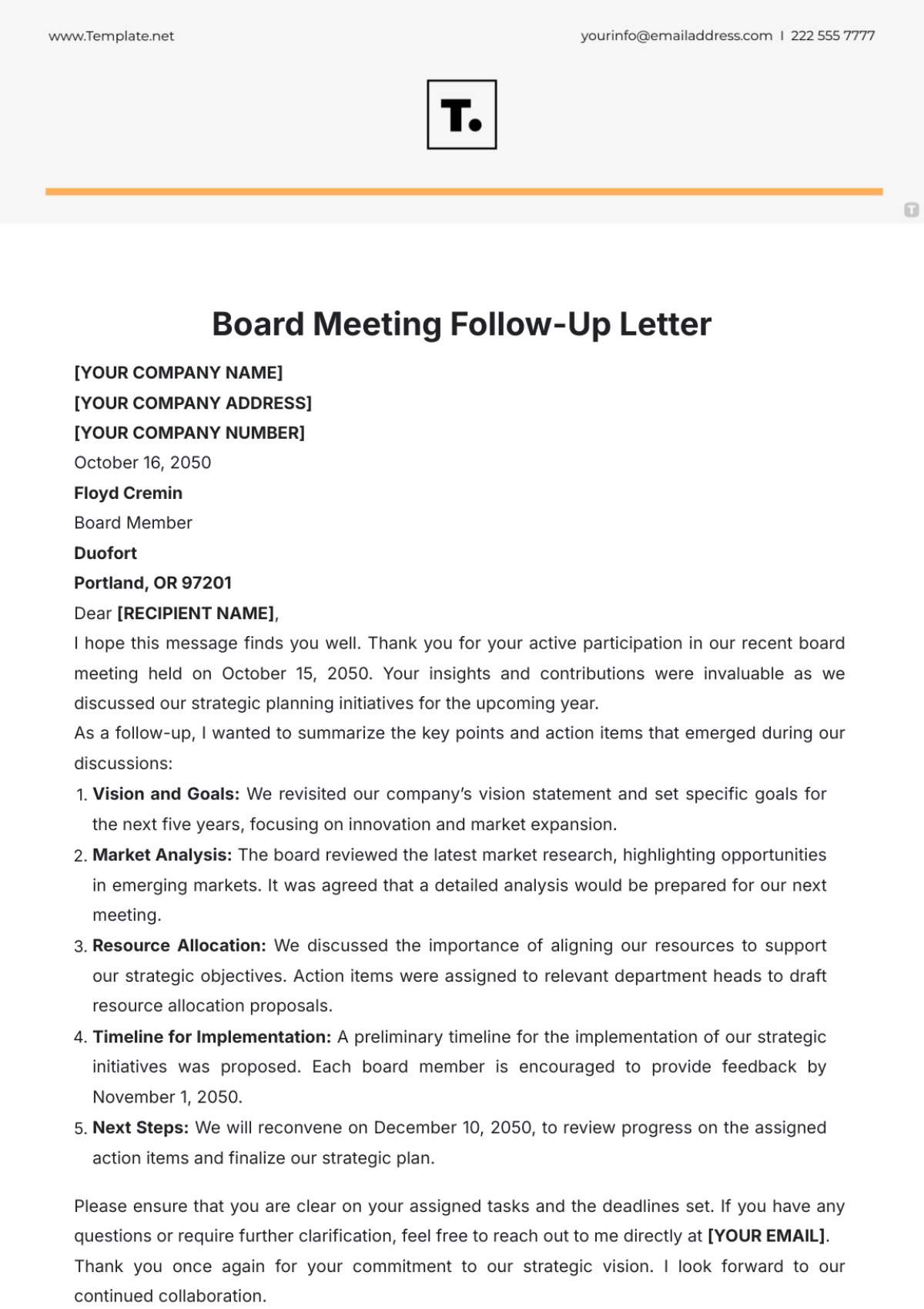 Board Meeting Follow-up Letter Template - Edit Online & Download