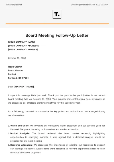 Free Board Meeting Follow-up Letter Template to Edit Online