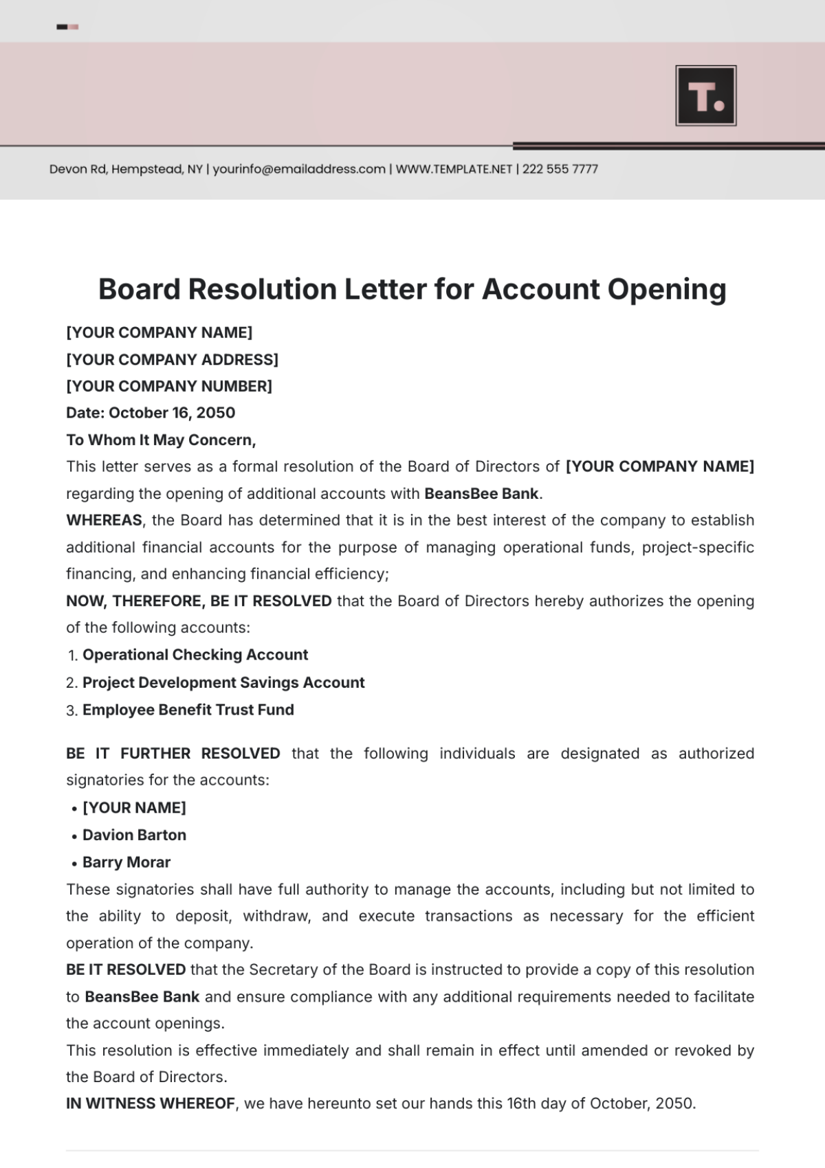 Board Resolution Letter for Account Opening Template - Edit Online & Download