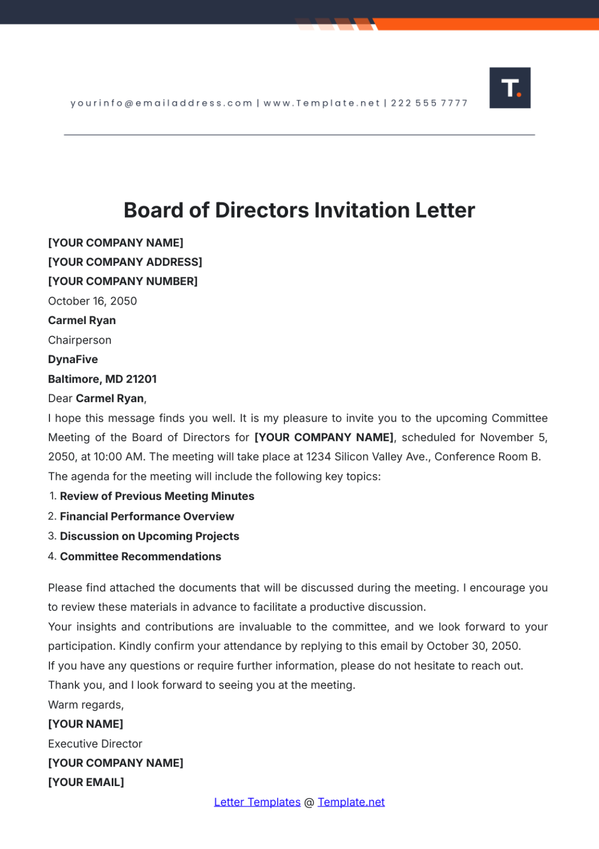 Board of Directors Invitation Letter Template - Edit Online & Download