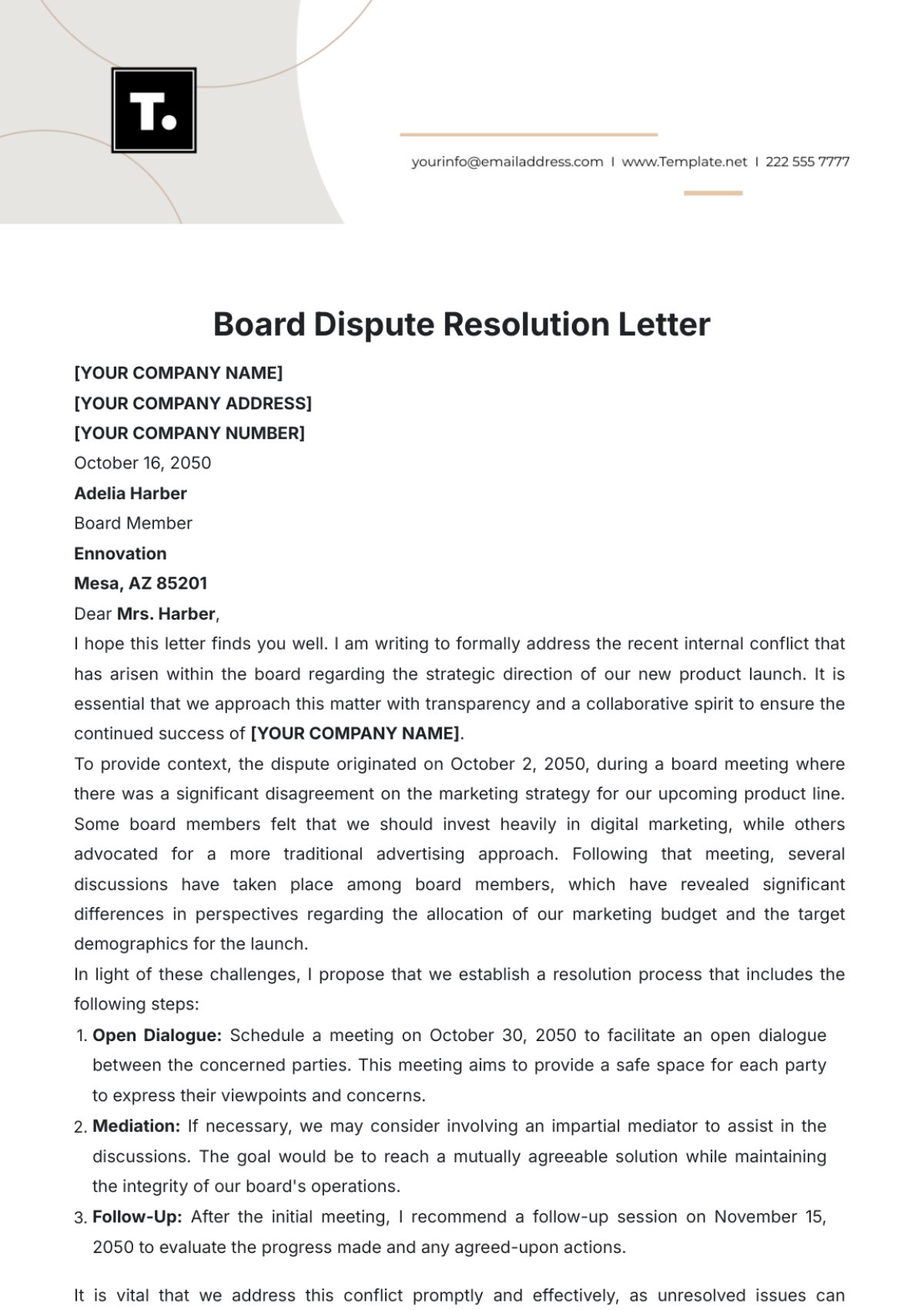 Board Dispute Resolution Letter Template - Edit Online & Download