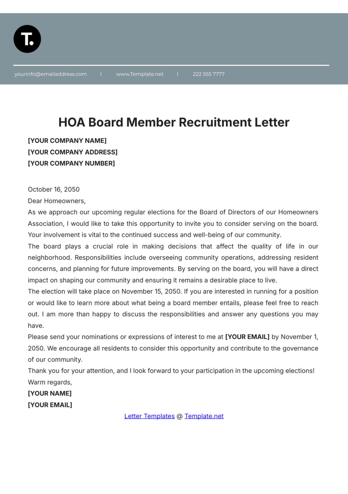 HOA Board Member Recruitment Letter Template - Edit Online & Download