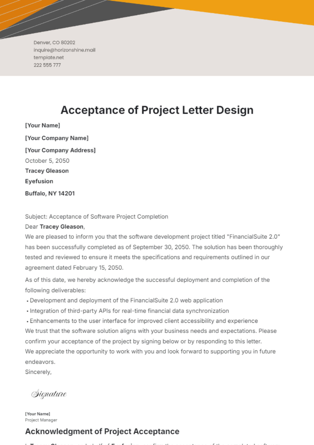 Acceptance of Project Letter Design Template - Edit Online & Download