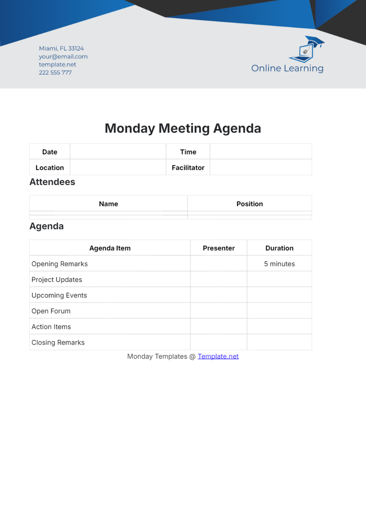 Monday Meeting Agenda Template - Edit Online & Download