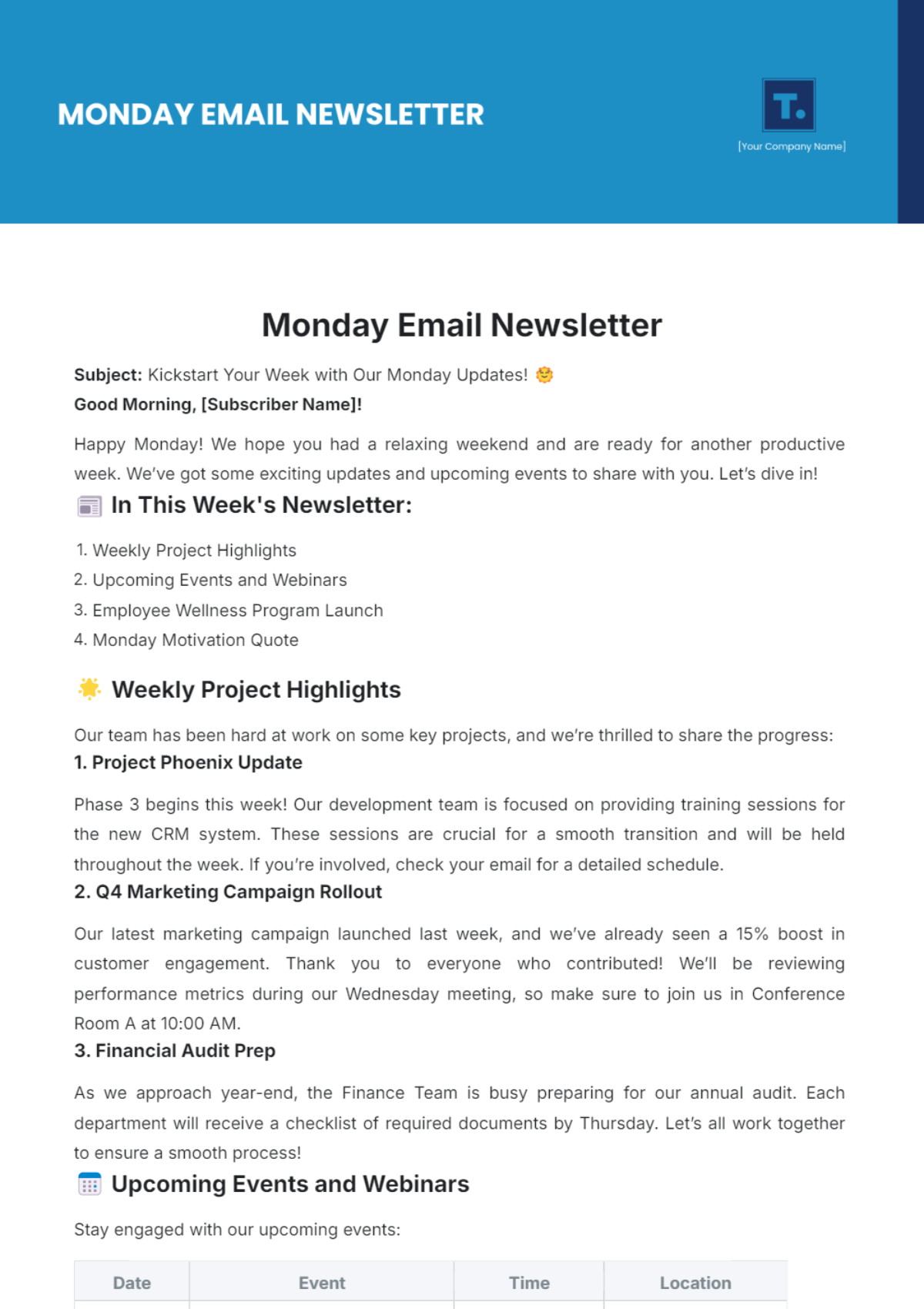 Monday Email Newsletter Template - Edit Online & Download