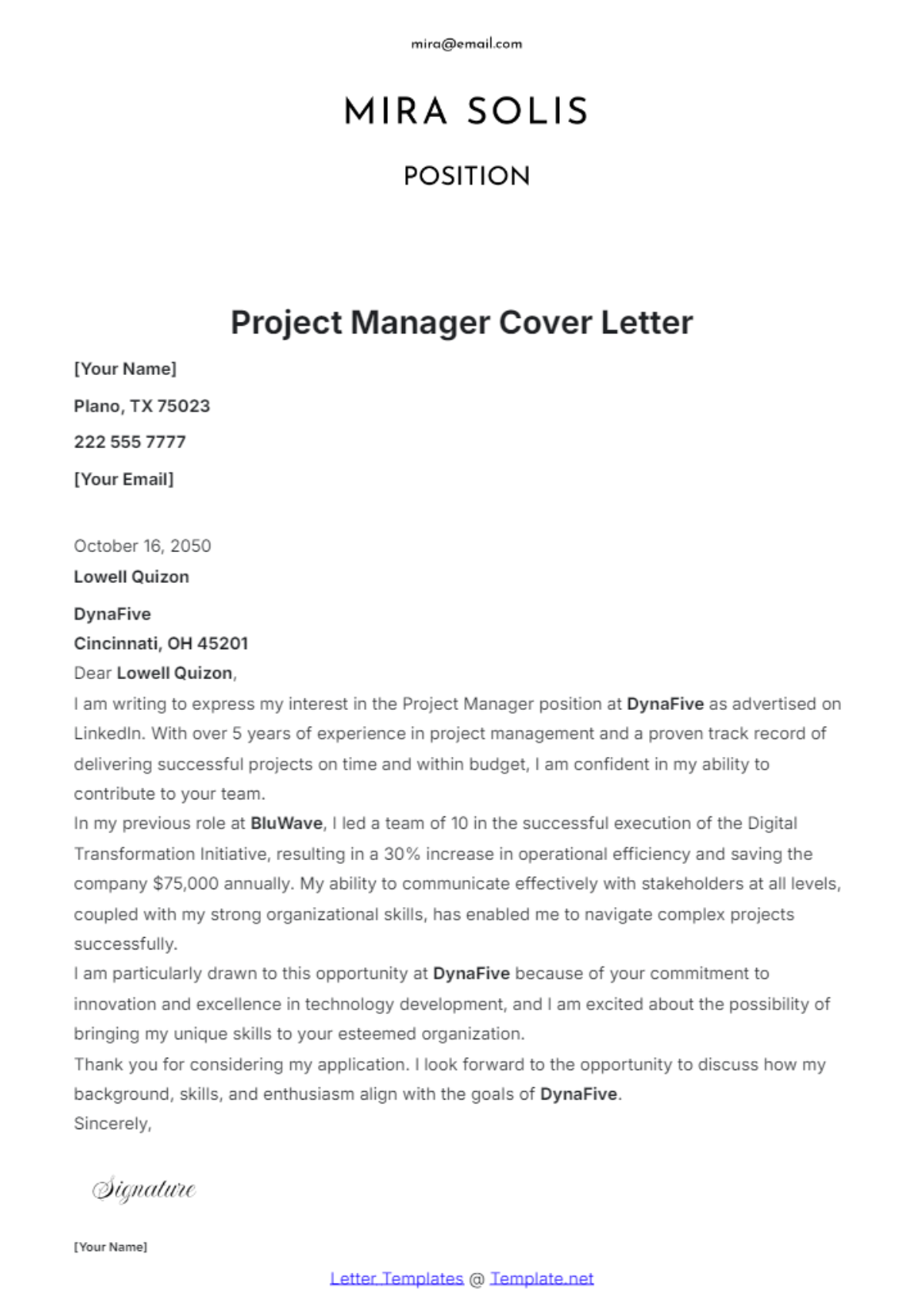 Project Manager Cover Letter Template - Edit Online & Download