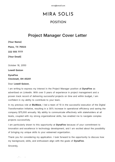 Free Project Manager Cover Letter Template to Edit Online