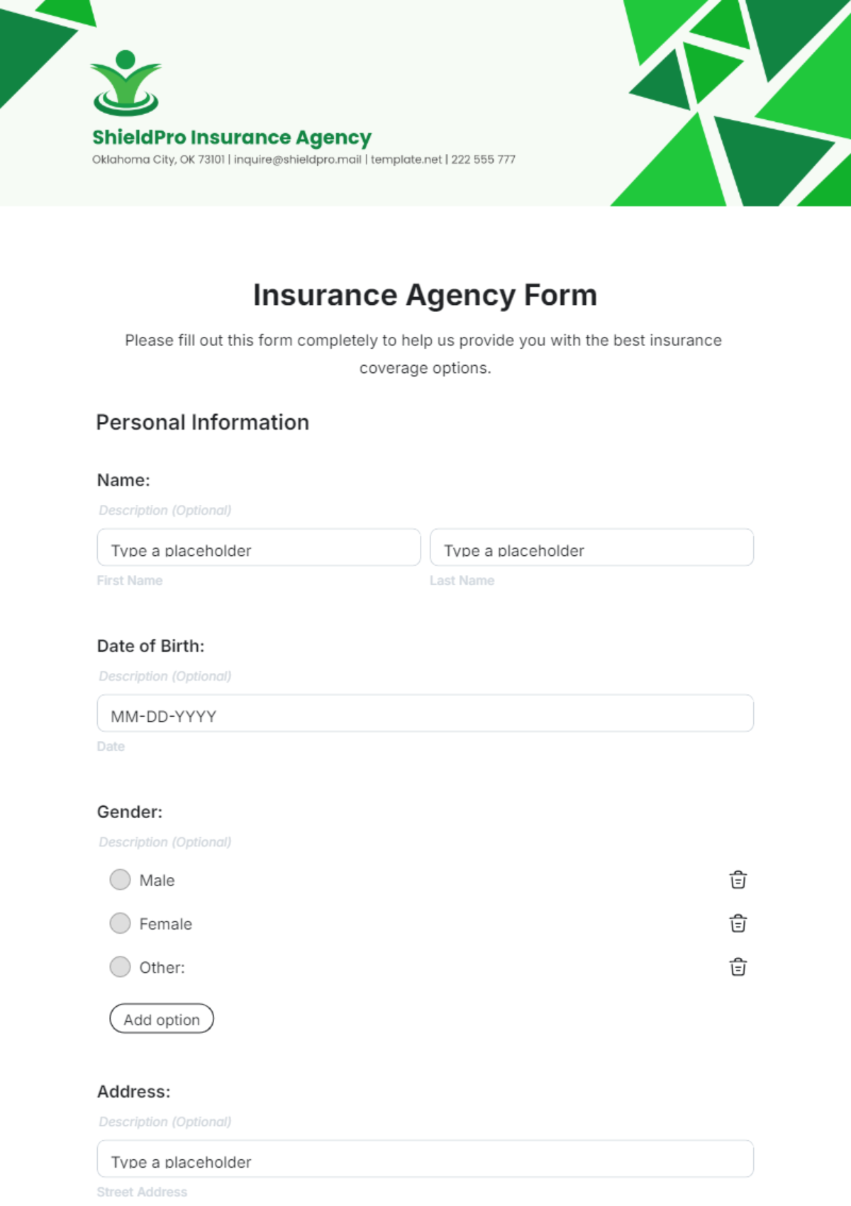 Insurance Agency Form Template