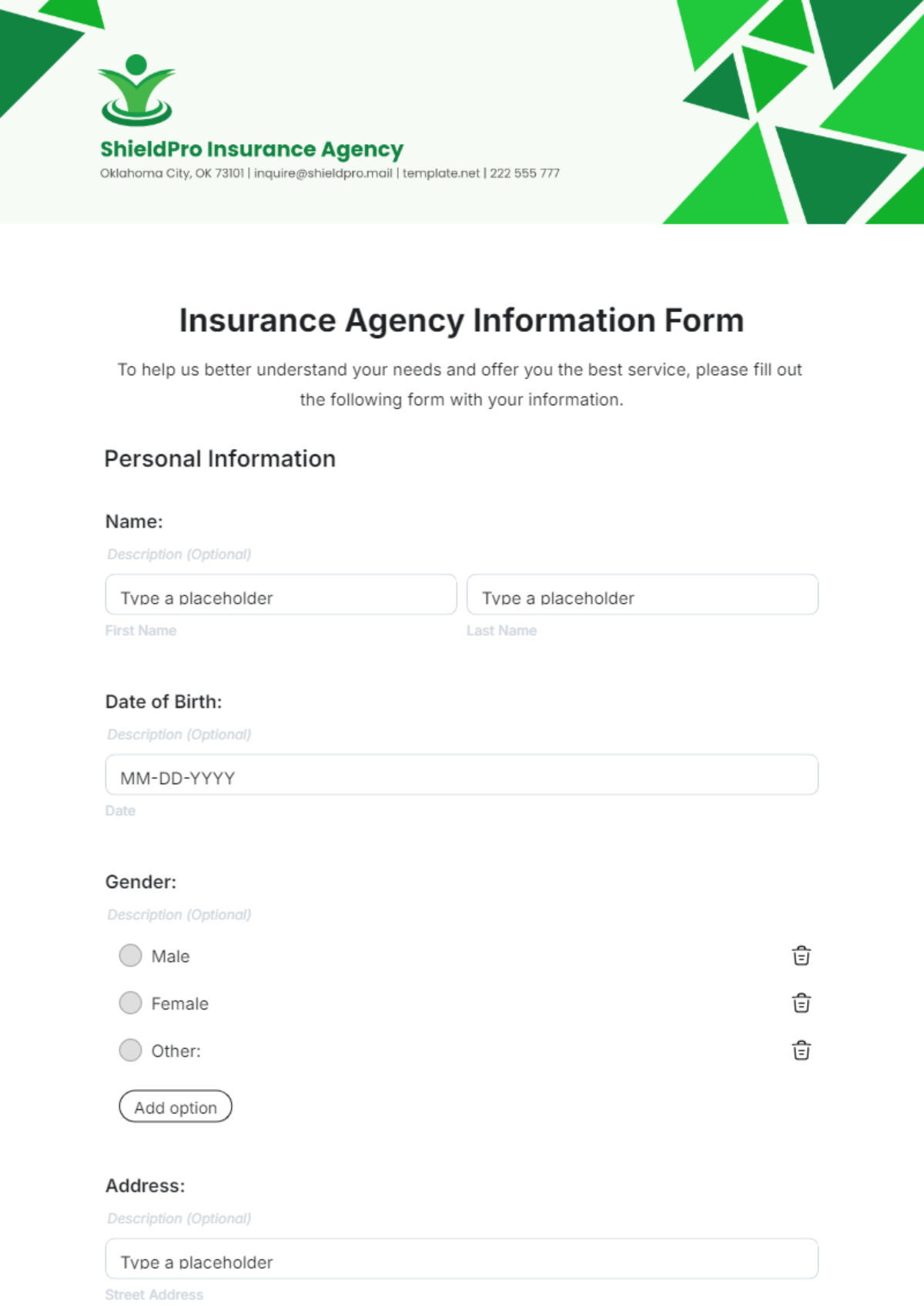 Insurance Agency Information Form Template - Edit Online & Download