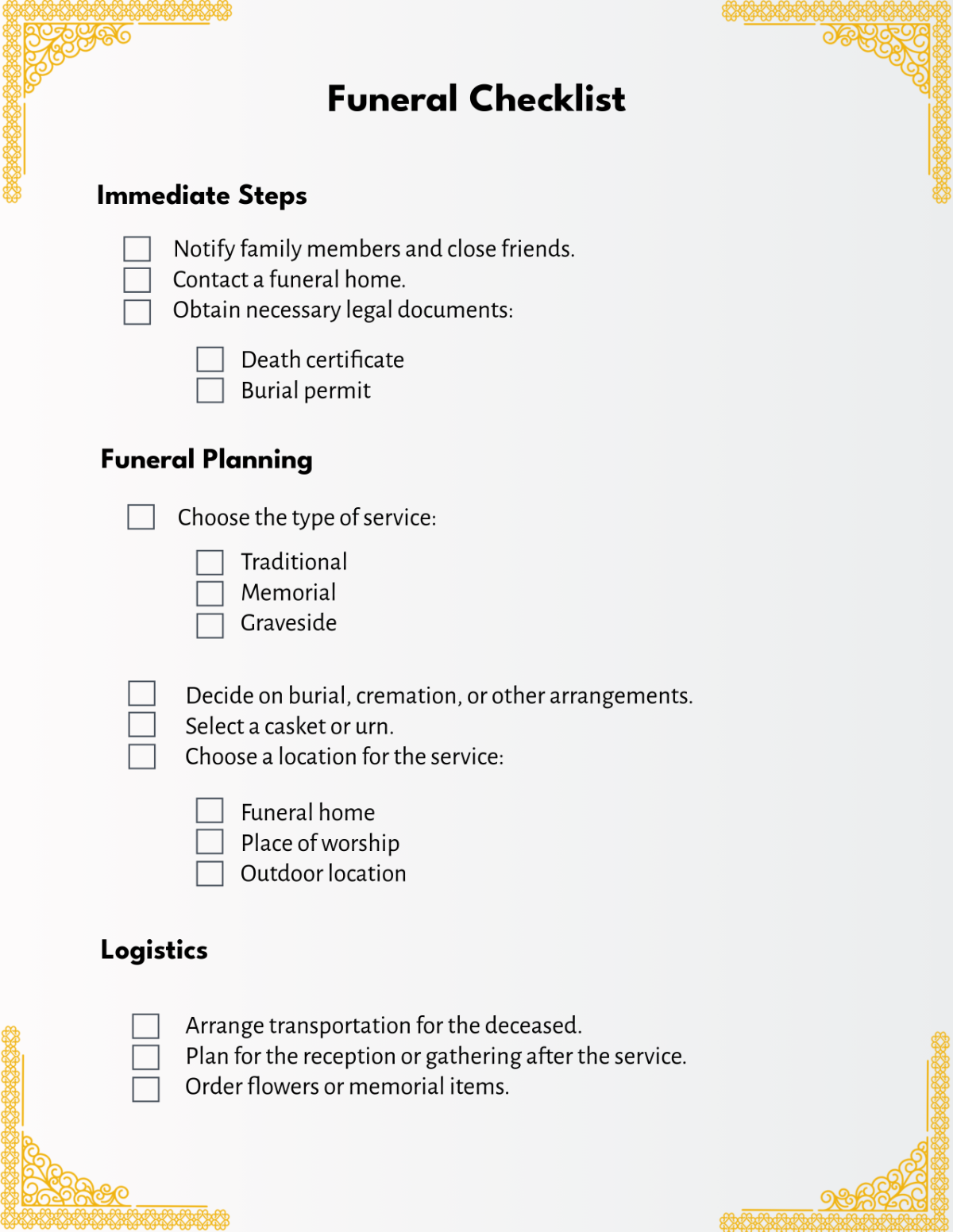 Funeral Checklist Template - Edit Online & Download