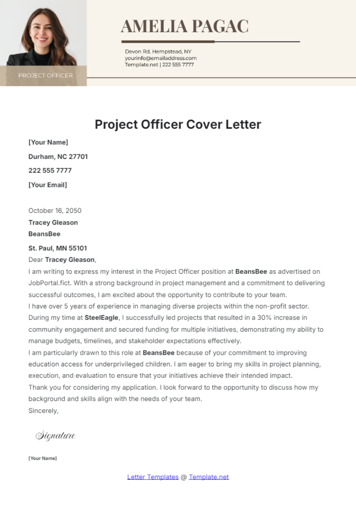 Project Officer Cover Letter Template - Edit Online & Download