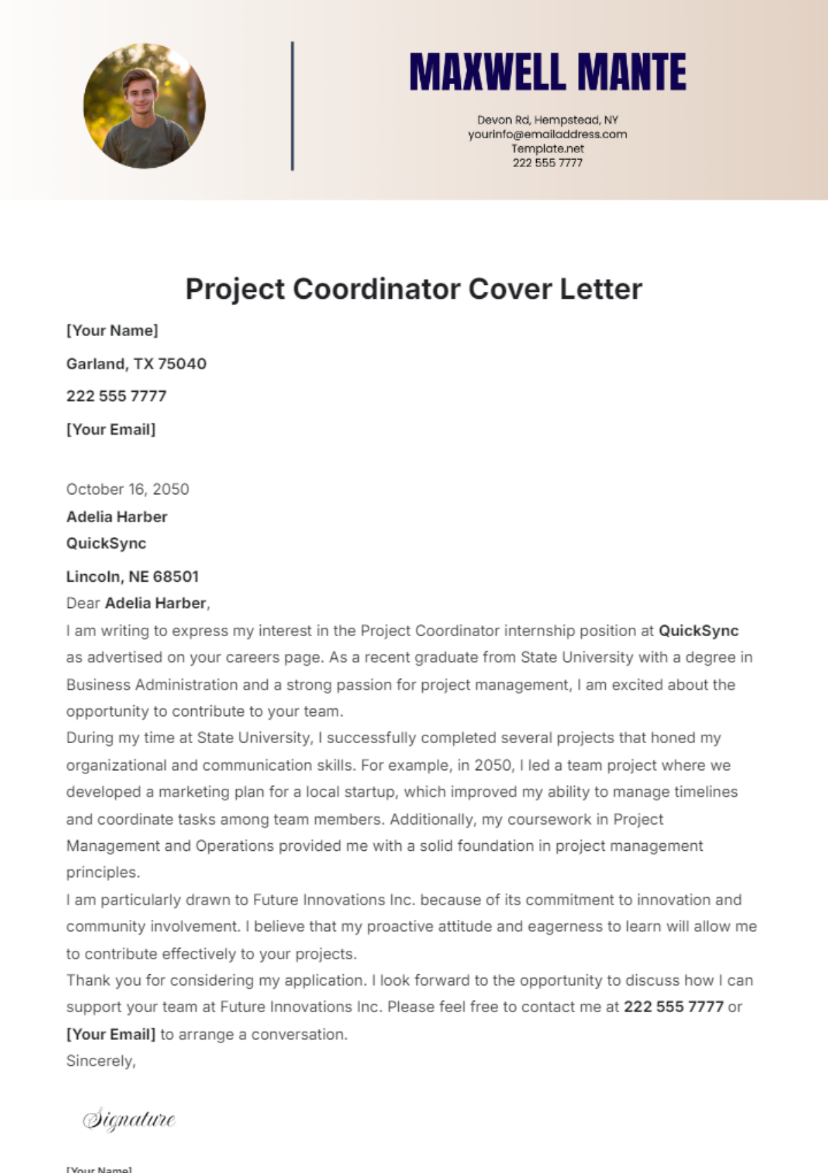 Project Coordinator Cover Letter Template - Edit Online & Download