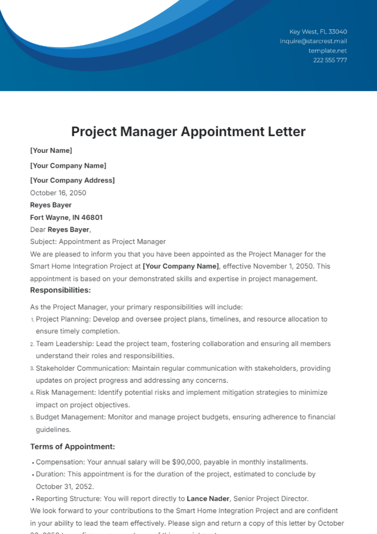 Project Manager Appointment Letter Template - Edit Online & Download