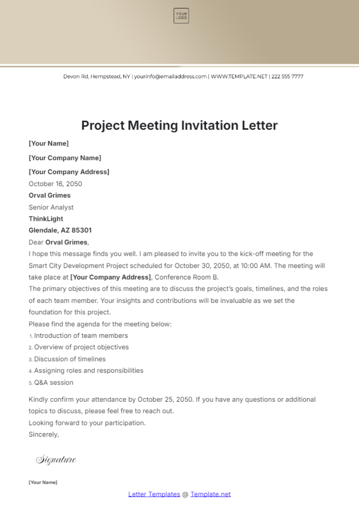 Project Meeting Invitation Letter Template - Edit Online & Download