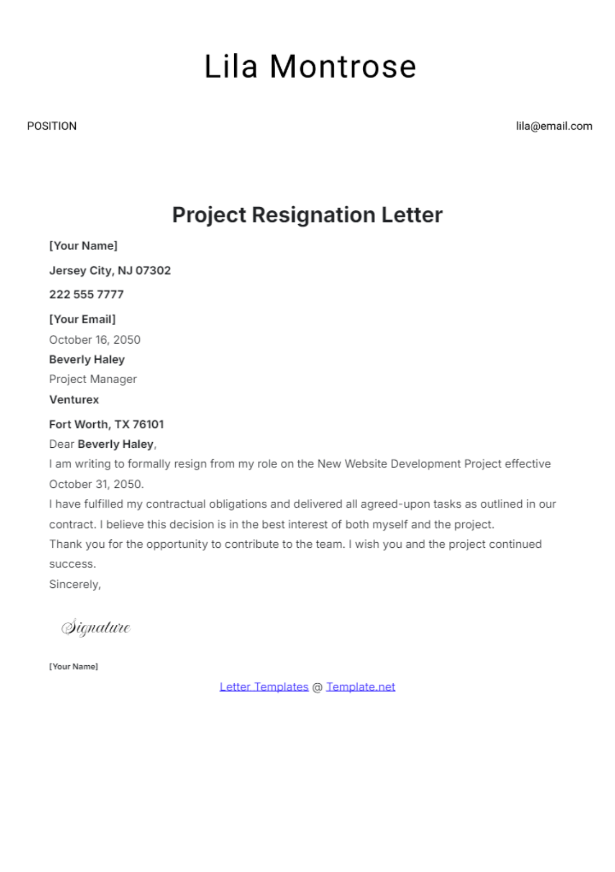 Project Resignation Letter Template - Edit Online & Download