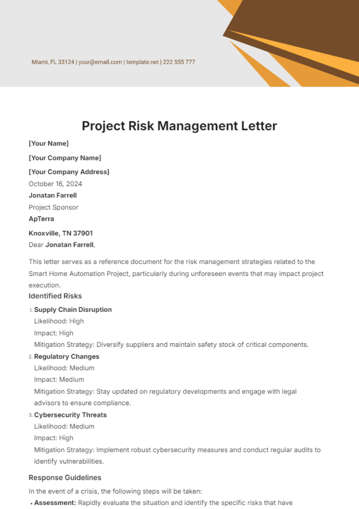 Project Risk Management Letter Template - Edit Online & Download