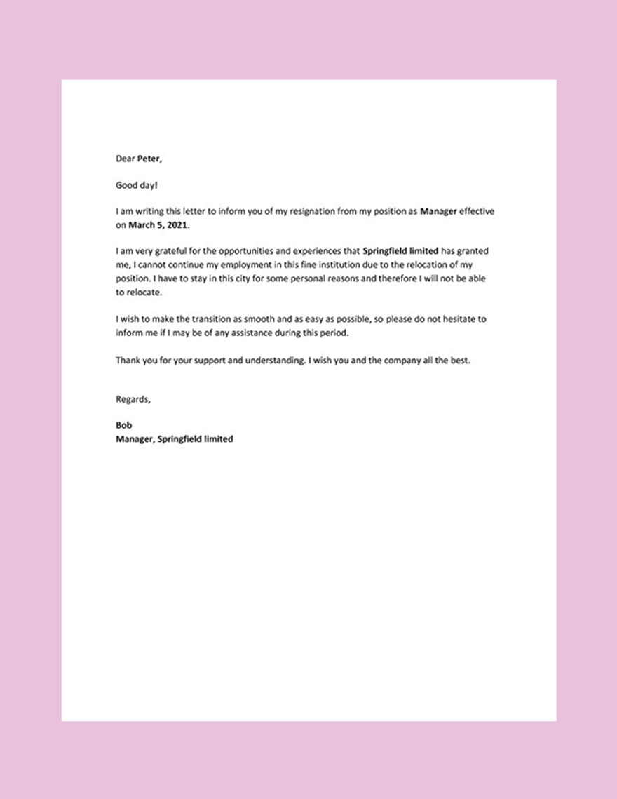 Relocation Resignation Letter Template
