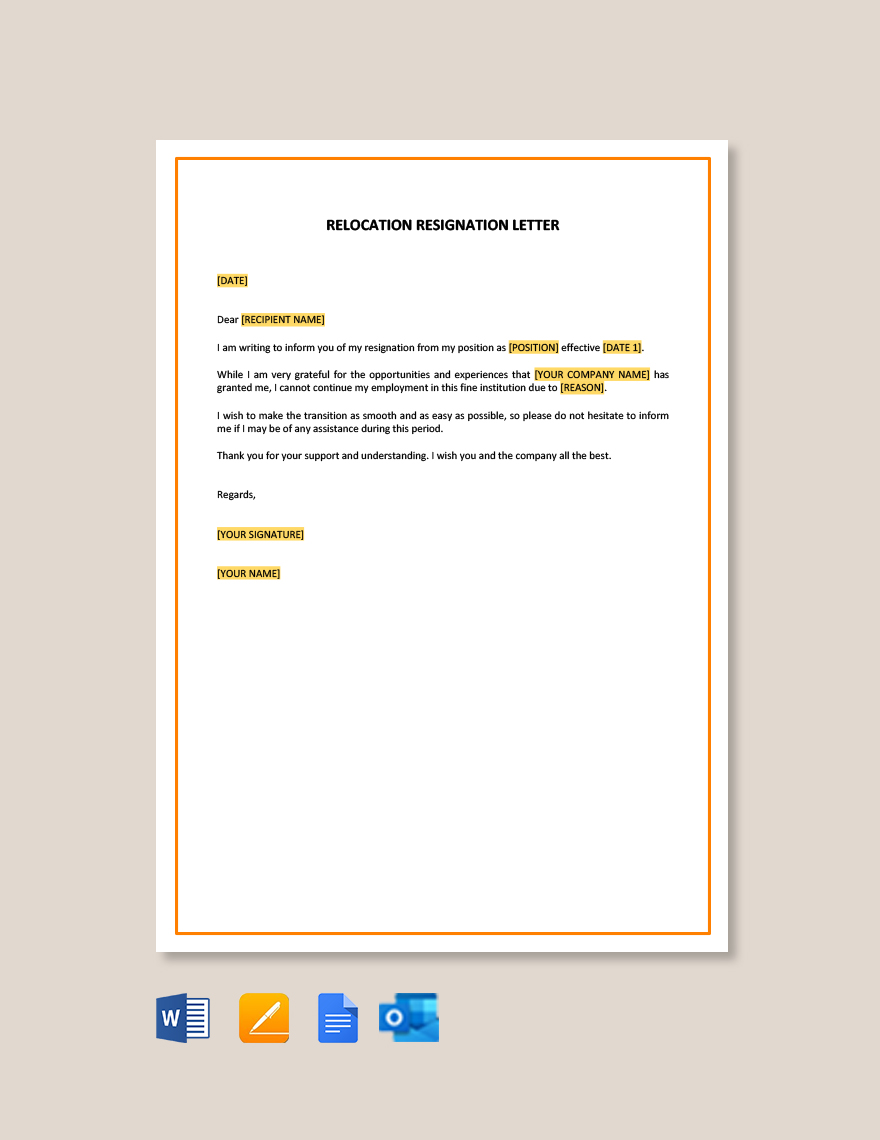 Resignation Letter Due To Relocation Of Spouse Template Google Docs