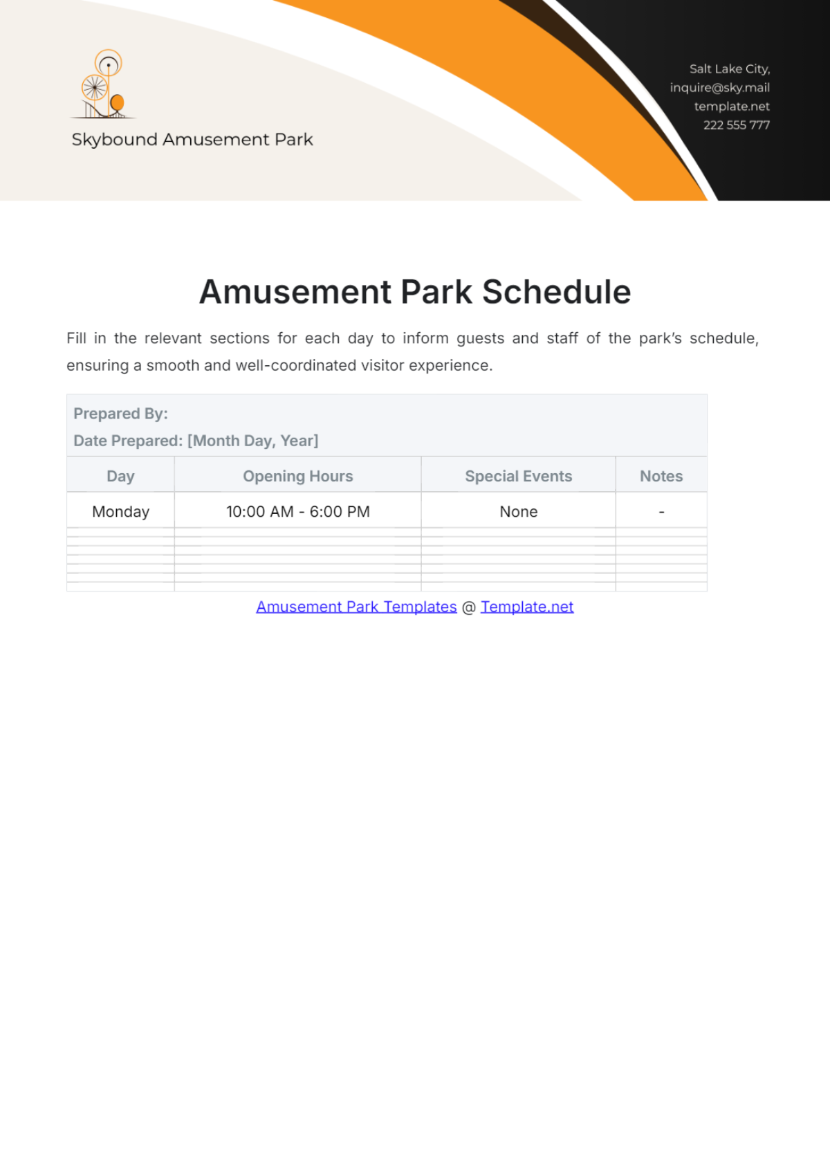 Amusement Park Schedule Template - Edit Online & Download